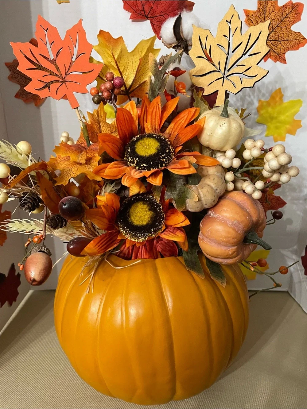Custom handmade by Mel Autumn Pumpkin Floral Arrangement - 17” x 14” approx